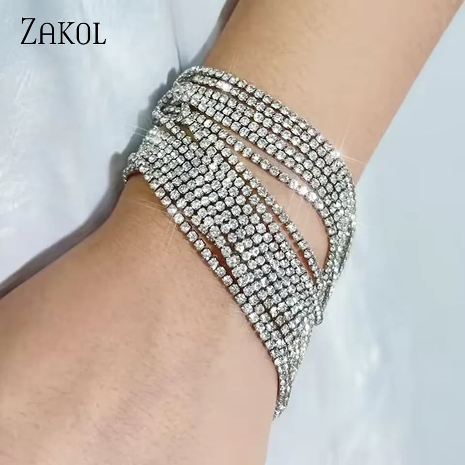 ZAKOL Statement Rhinestone Chain Tassel Barcelet Adjustable Shiny CZ Stone Bracelets For Women Charm Stylish Party Jewelry