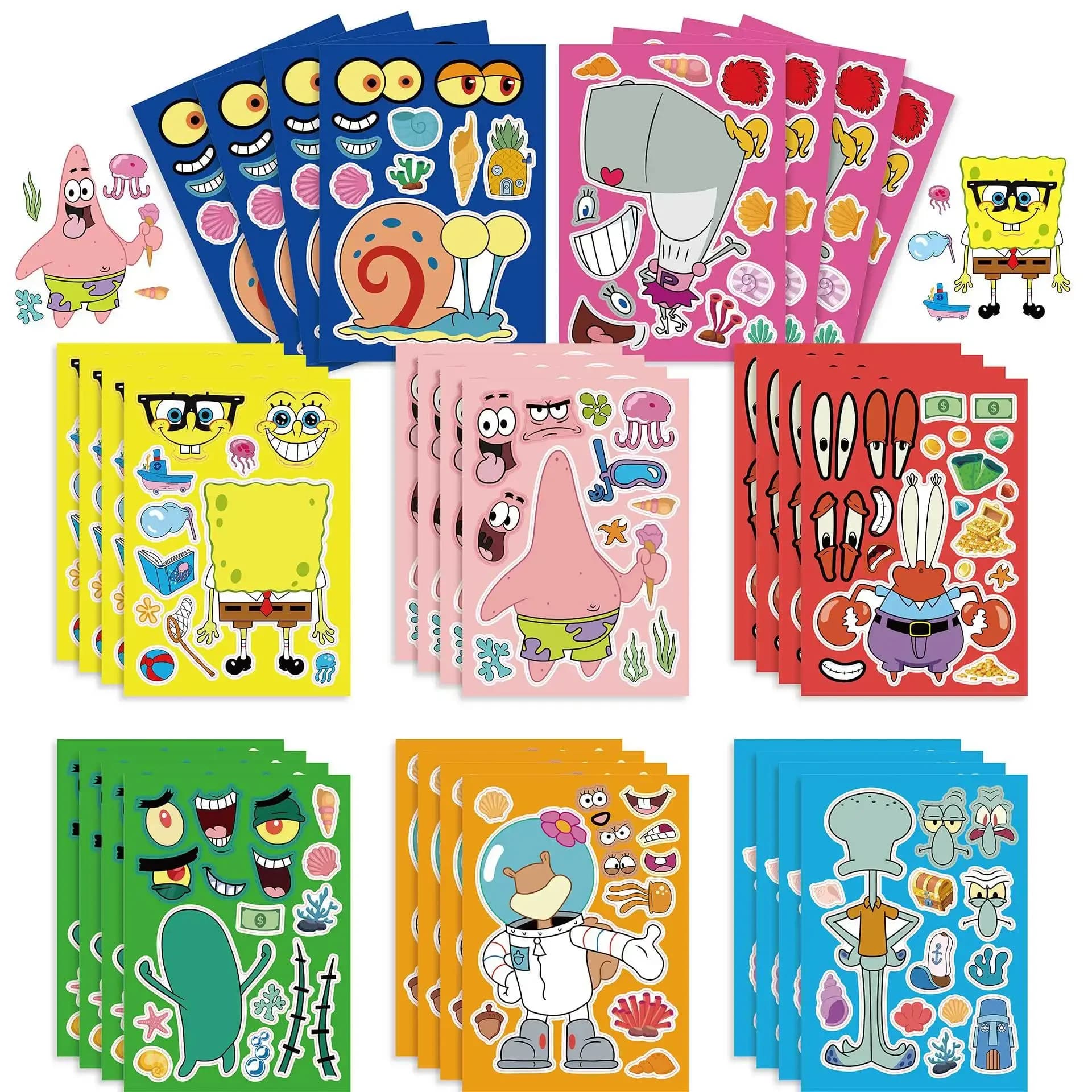 16 fogli Cartoon SpongeBob SquarePants Puzzle adesivi Adesivo Decorazione Interazione bambino Bomboniere educative per bambini