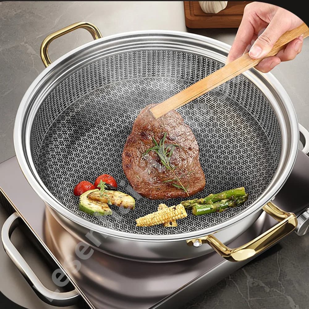 Pentola per zuppa in acciaio inossidabile da 30 cm Wok antiaderente a nido d'ape con coperchio Padella per uso domestico Fornello a induzione Stufa a gas Pentola calda universale