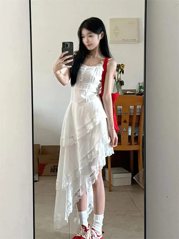 White Lace Vacation Strap Dress Women's Spring Summer Hot Girl Skirt High Waist Asymmetrical Cake Skirt Slimming Long Dress
