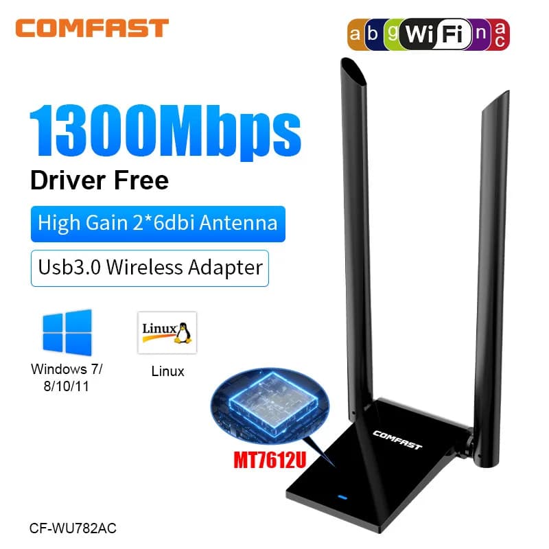Adattatore WiFi Comfast 1300-1900Mbps USB 3.0 per PC MT7612/RTL8814 Scheda di Rete con Antenna Compatibile con Win7/8/10/11/Kali Linux
