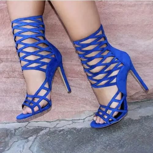 Drop Shipping Woman Fashion Royal Blue Suede Hollow Cuts Out Laser Open Toe Zipper Back Thin Heels Summer Sandals Short Boots