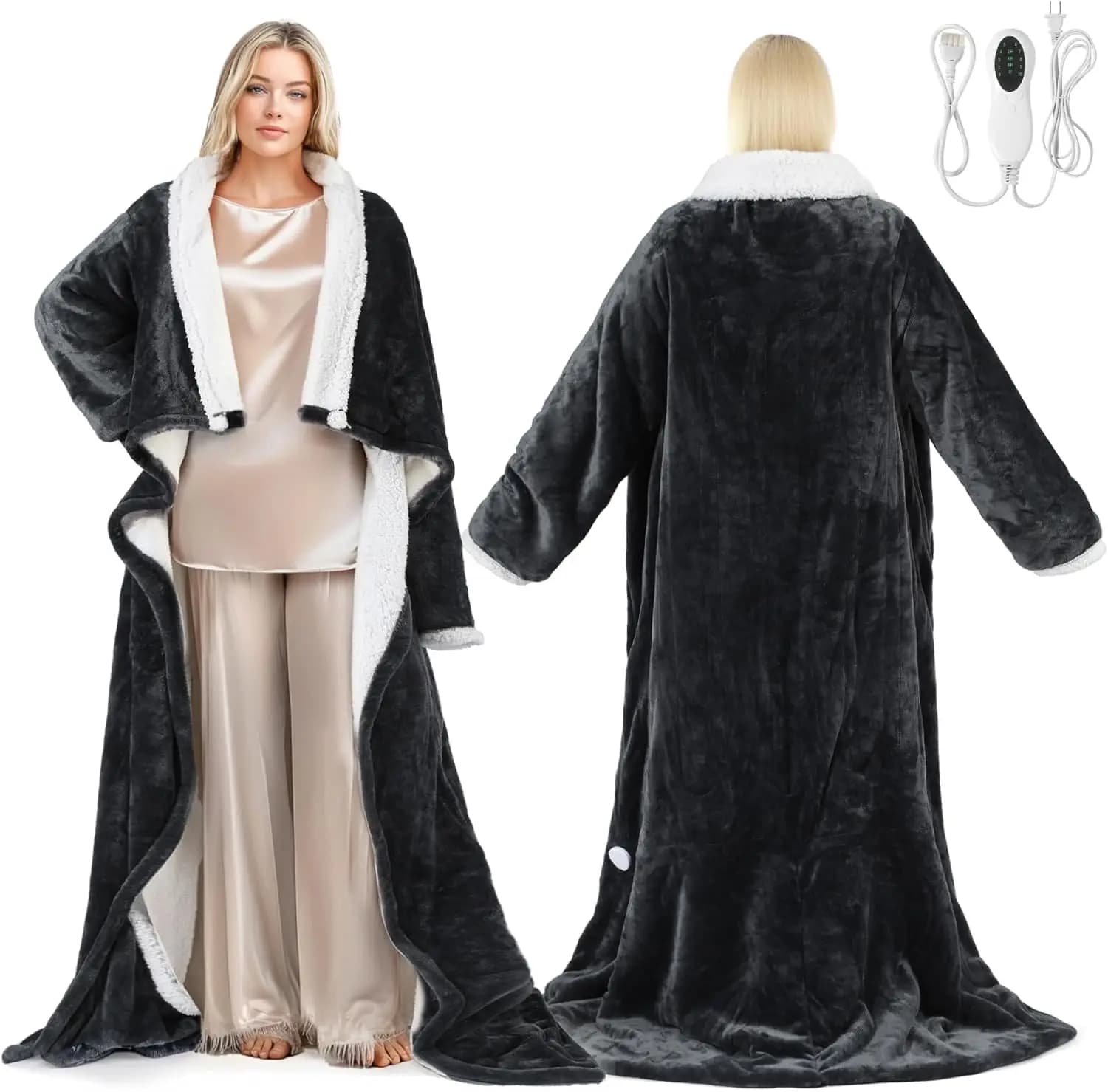 Coperta Elettrica Riscaldante Indossabile con Tasca per Piedi e Maniche, in Flanella e Sherpa, 10 Livelli di Calore, Spegnimento Automatico