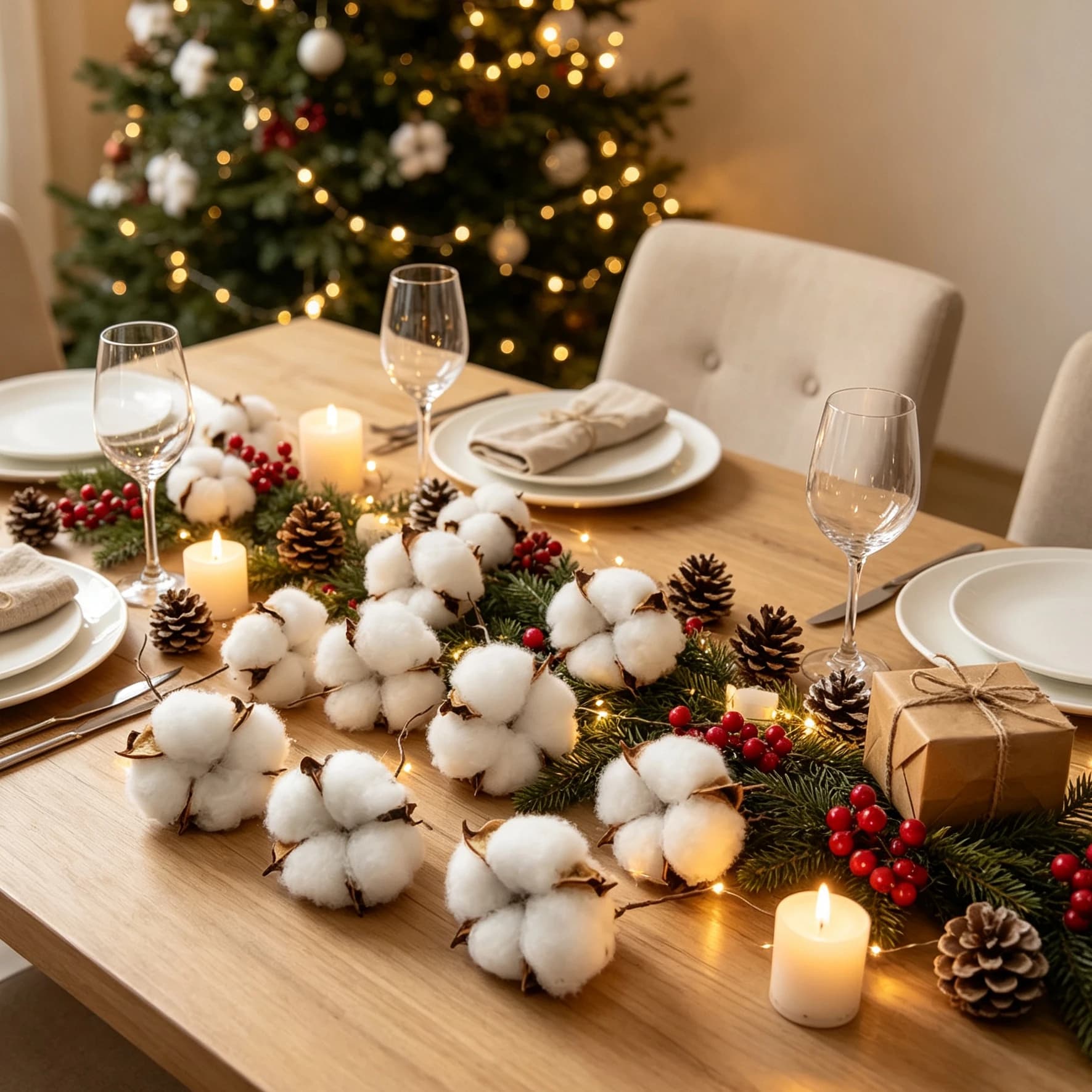 40/80 Pcs Artificial Cotton Ball Sprig Christmas Tree Filler Plant Home Dining Table Vase Scrapbook Ornament DIY Decorative Prop
