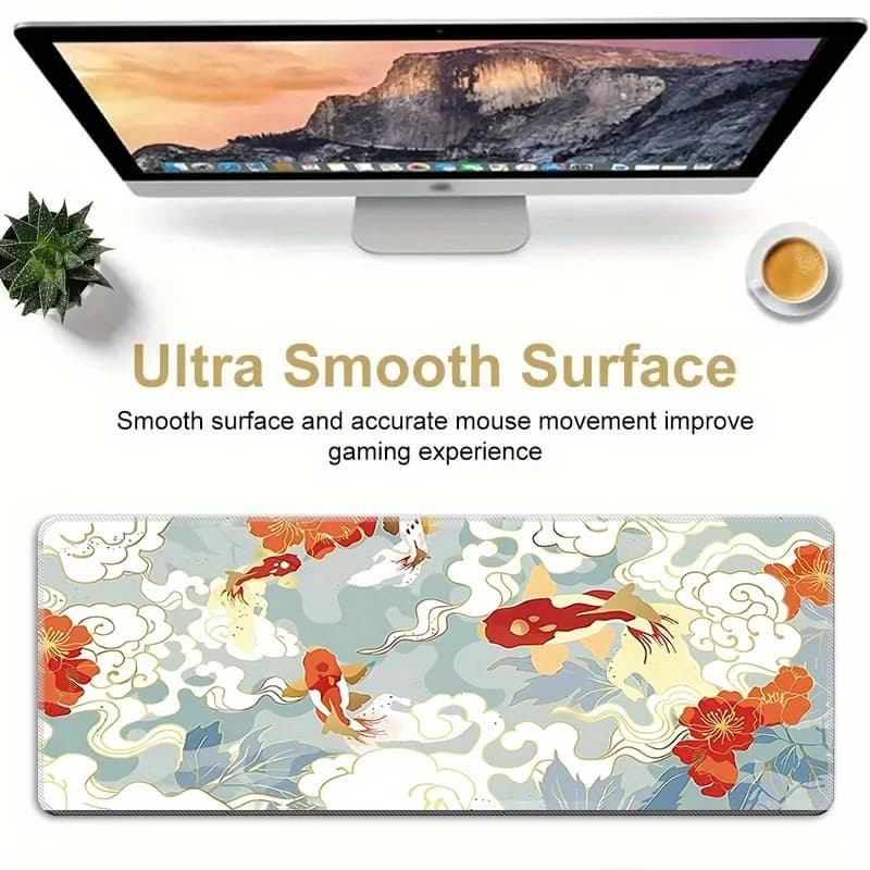 Tappetino per mouse da gioco esteso con motivo Koi Fish e fiori, superficie in gomma antiscivolo