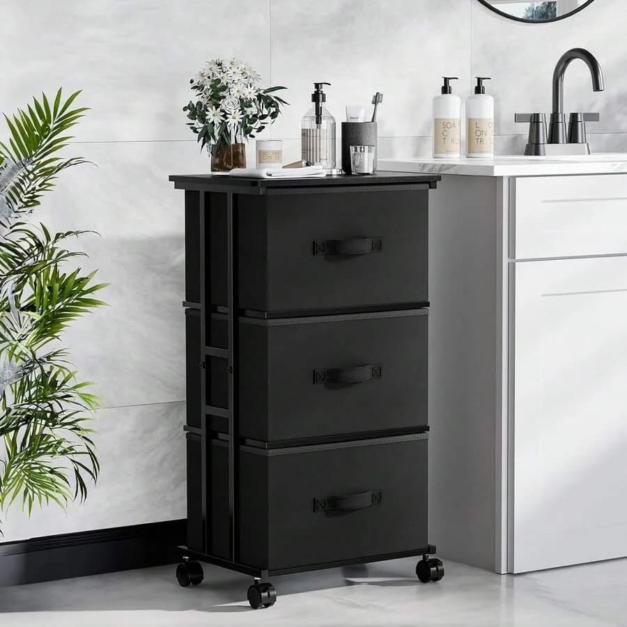 Sweetcrispy Dresser Storage With 3 Drawers, Fabric Tower, Vertical Storage Unit With Wheels and Adjustable Handles For Bedroom,