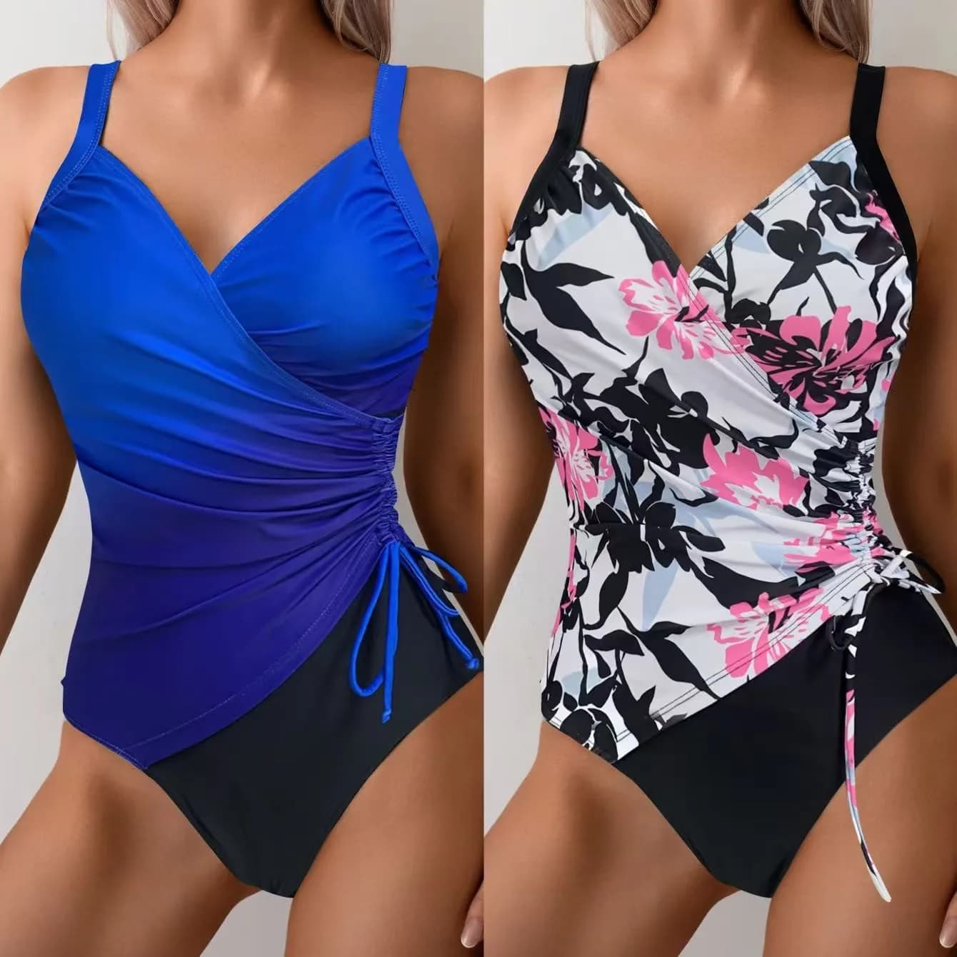 Tankini da donna con controllo pancia, bikini senza maniche con scollo a V, costume da bagno con arricciatura laterale, stampa floreale, tankini da donna con controllo pancia