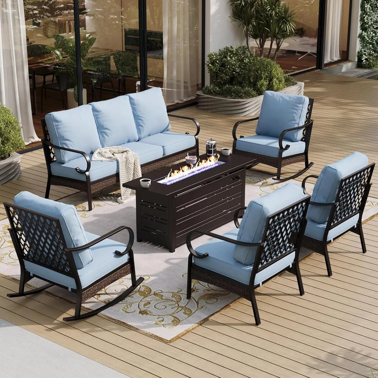 Set di Mobili da Esterno in Metallo Nero a 6 Pezzi con Tavolo con Braciere, Set da Conversazione per Patio con 1 Divano a 3 Posti, 2 Gambe, Personalizzabile