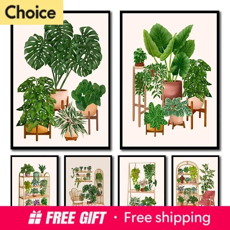 2026 Boho Plants Potted Palm Leaves Poster and Print Diamond Painting Botanical Wall Art Picture for Living Room Home Decor Gi