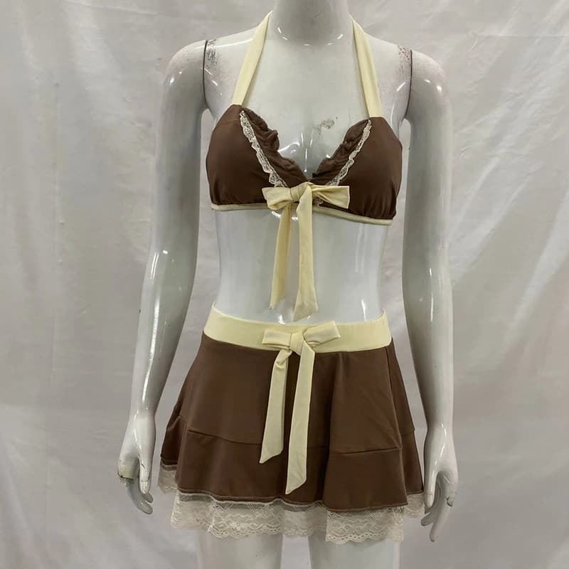Completo due pezzi estivo con top a collo all'americana con fiocco e cuciture in pizzo, gonna a blocchi di colore semplice e casual, stile bikini da festa Spice Girl