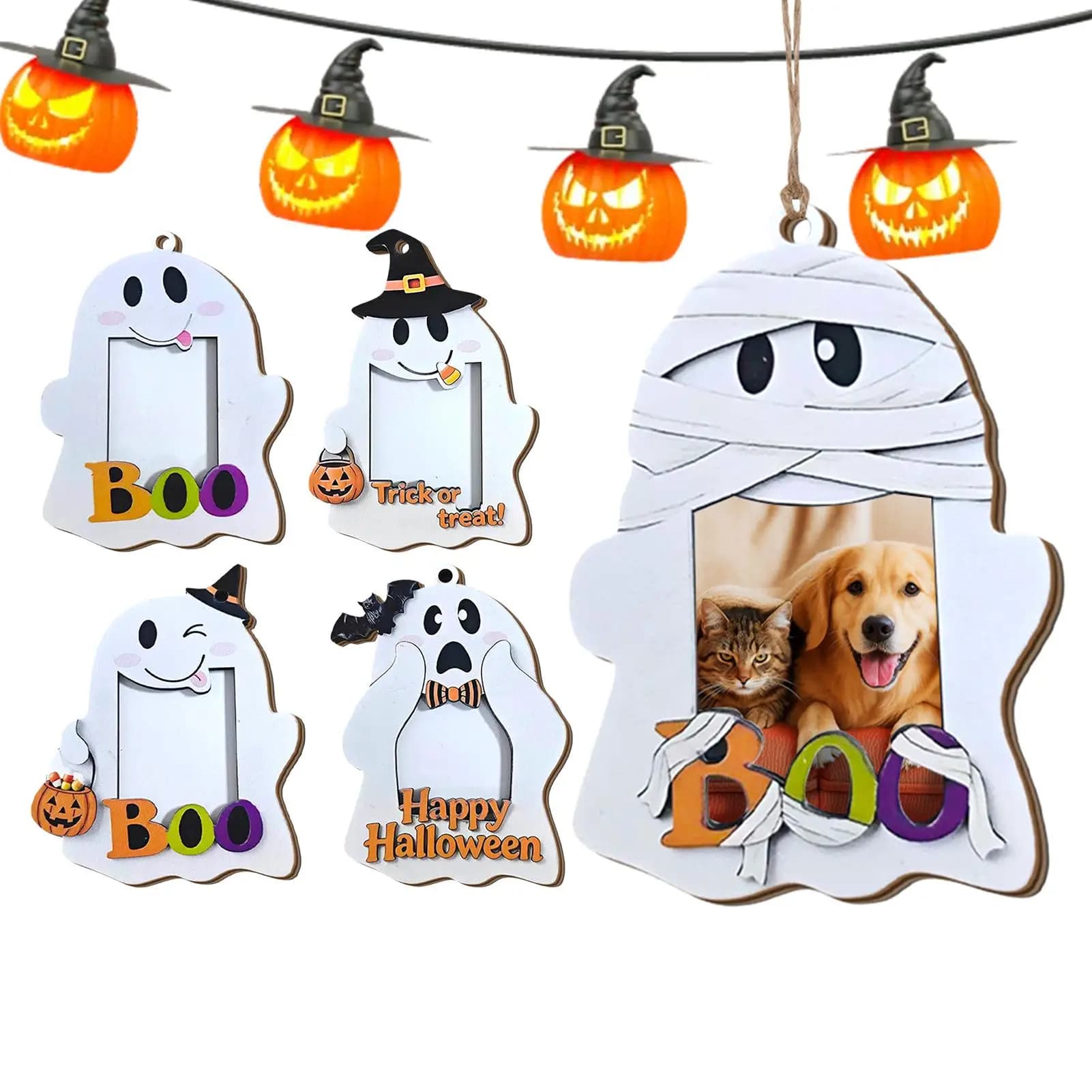 Halloween Ghost Picture Frame 5 Pieces Wooden Halloween Desk Decor Hangable Photo Frame Ornament For Homeowners Renters Home