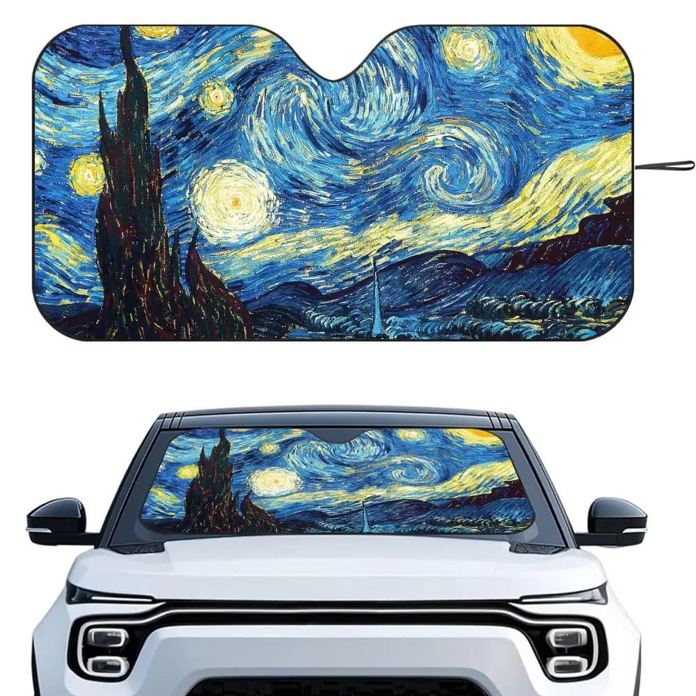 Parasole V-Van G-Gogh Notte Stellata, Riutilizzabile in Alluminio, Protezione UV, Isolamento Termico a Cinque Strati, Parasole per Parabrezza