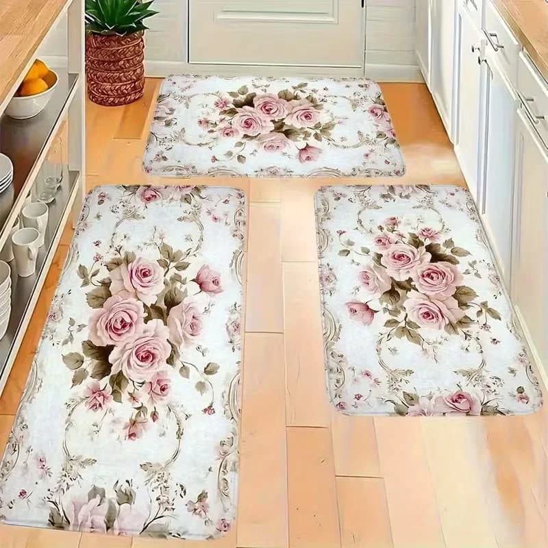 Tappetino in stile americano con fiore di rosa rosa e tappetino antiscivolo per la casa, adatto per camera da letto, soggiorno, cucina, ingresso