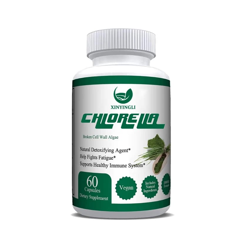 Capsule di Chlorella vulgaris biologica con polvere che rompe la parete cellulare, non OGM, vegetariana, con ferro, proteine e minerali.