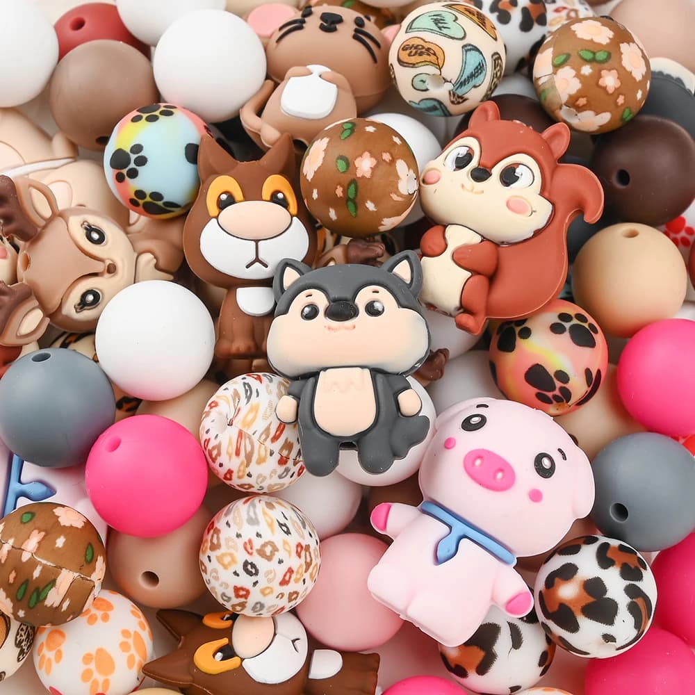 32 pezzi misti perline in silicone set stampa perline rotonde animali forma messa a fuoco perline massaggiagengive per ciuccio fatto a mano clip a catena porta manichino