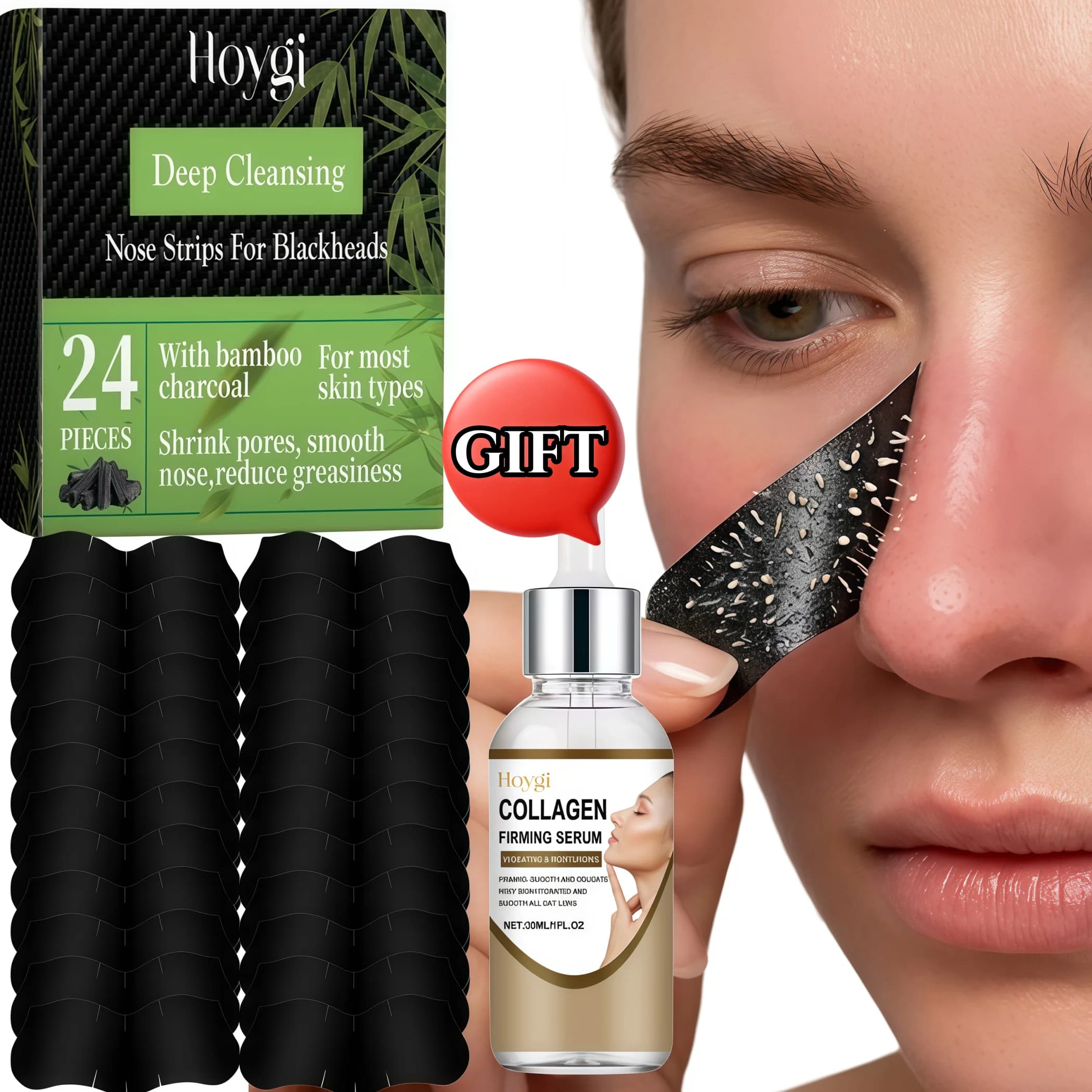 Bamboo Charcoal Nose Strips for Blackheads 72PCS + FREE 30ml Collagen Serum Deep Pore Cleanser Strawberry Nose Remover Patch Pore Shrinker Chamomile Soothing Anti Aging Face Firming Skincare Kit