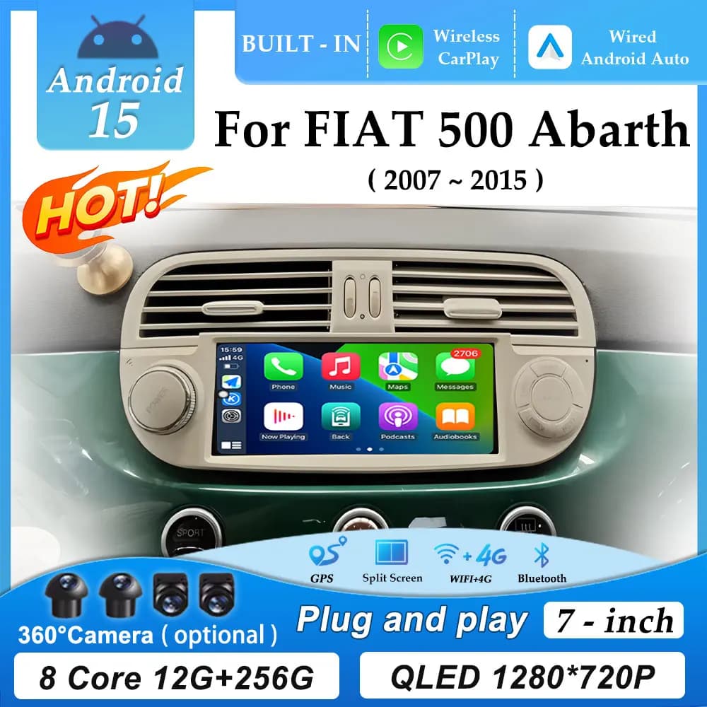 7 "Touch Screen for FIAT 500 Abarth 2007 - 2015 GPS Navigation Android 15 Wireless Carplay Auto Car Radio Video DSP