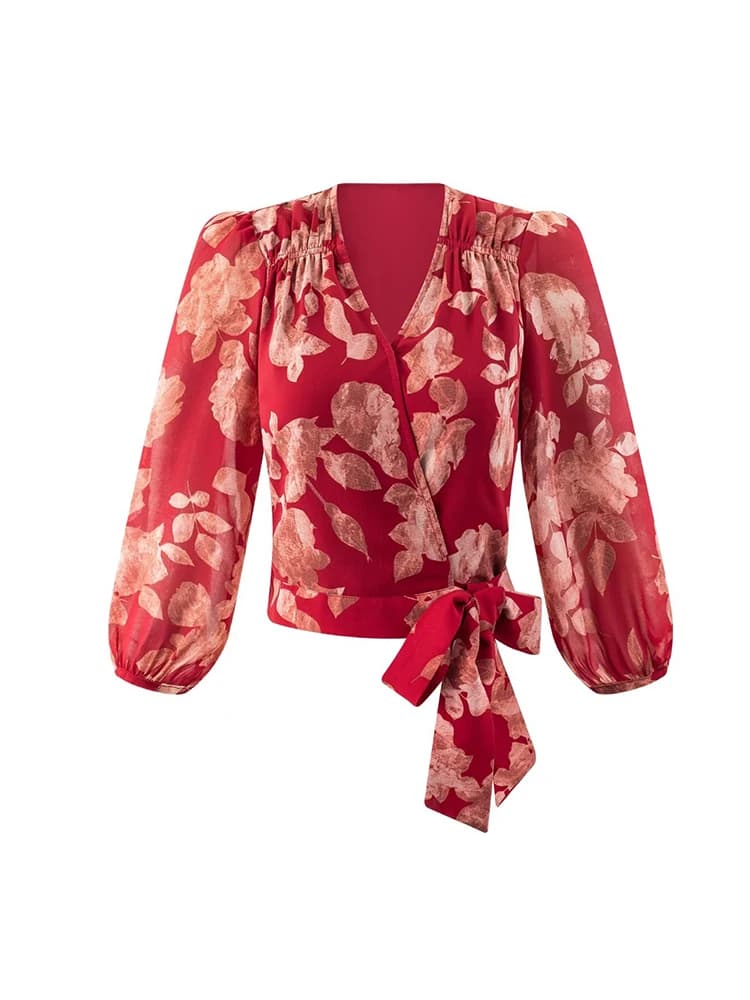 Camicette da donna con scollo a V e fasciatura Camicie in chiffon con stampa floreale Top corto