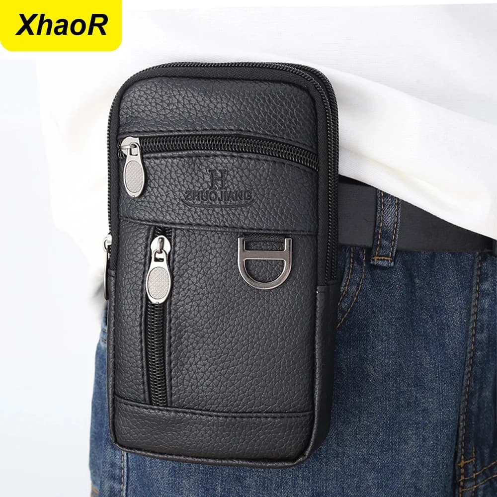 Men Waist Bag Mobile Phone Bag Vertical PU Leather Wearable Belt Sports Waterproof Small Hanging Bag Business Leisure Coin Pouch