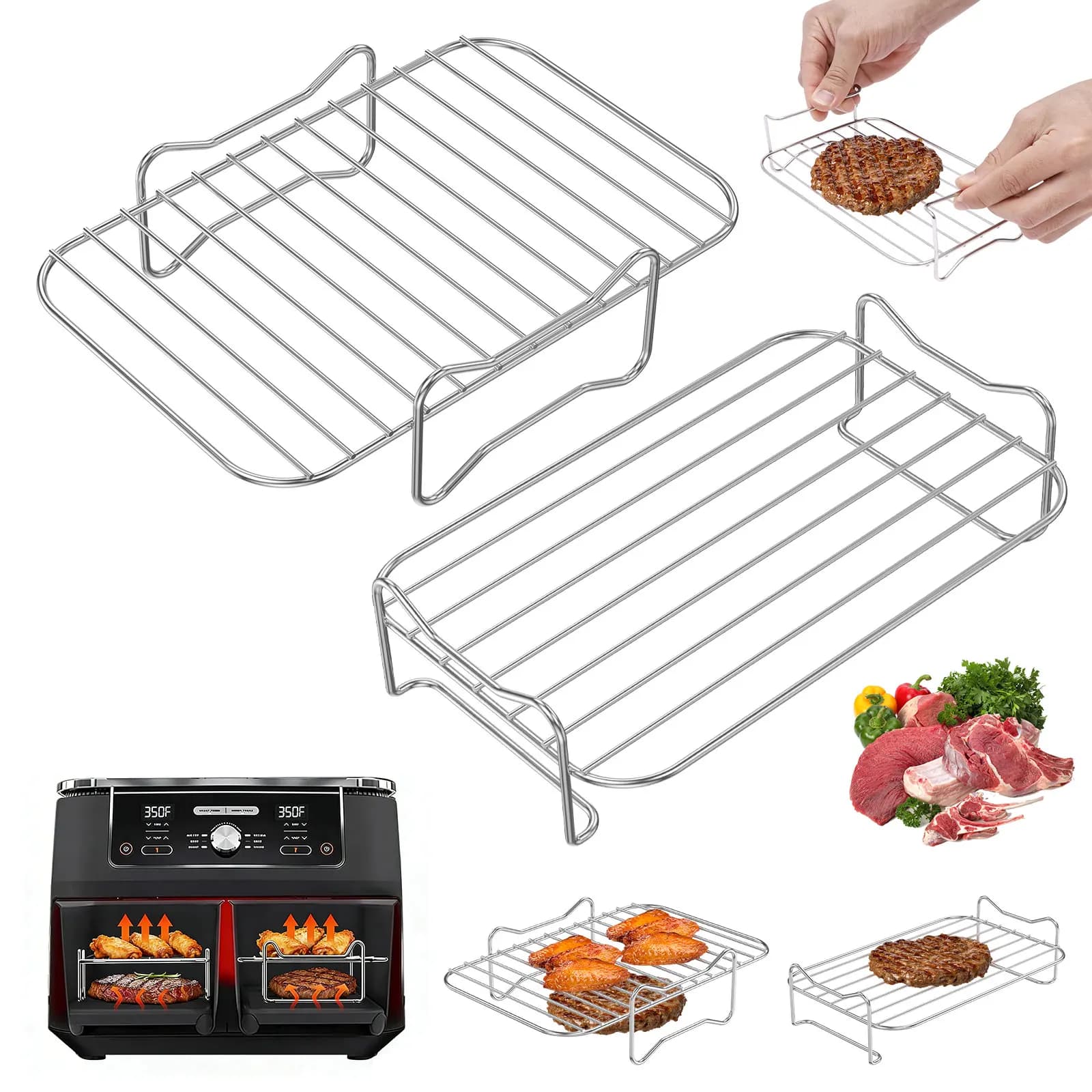 2Pcs Air Fryer Racks Stackable Stainless Steel Dual Basket Air Fryer Grill Rack for Baking Cooking Cooling Air Fryer Accessories