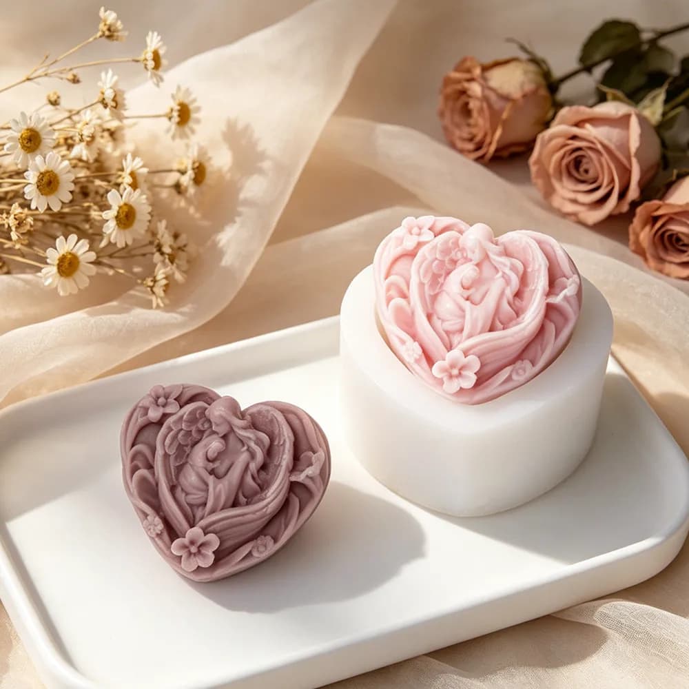 Stampo in Silicone 3D a Forma di Cuore con Angelo e Maria, Design Floreale in Rilievo per Candele, Sapone Aromatico e Resina Fai-da-Te, Regalo per la Festa della Mamma, Baby Shower e Nuove Mamme