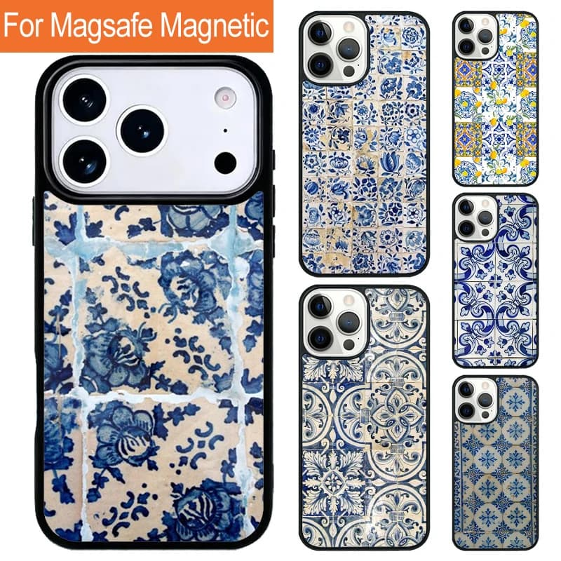 Custodia per telefono con ricarica wireless magnetica e design a piastrelle portoghesi per iPhone 17 Pro 16 15 13 12 11 Pro Max Air 14 Plus con cover MagSafe