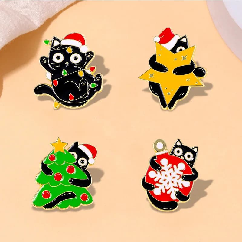 Gatto nero e un fiocco di neve Spille per albero di Natale Distintivi Spille Spilla smaltata Borsa per zaino Accessorio per gioielli Regalo per un amico