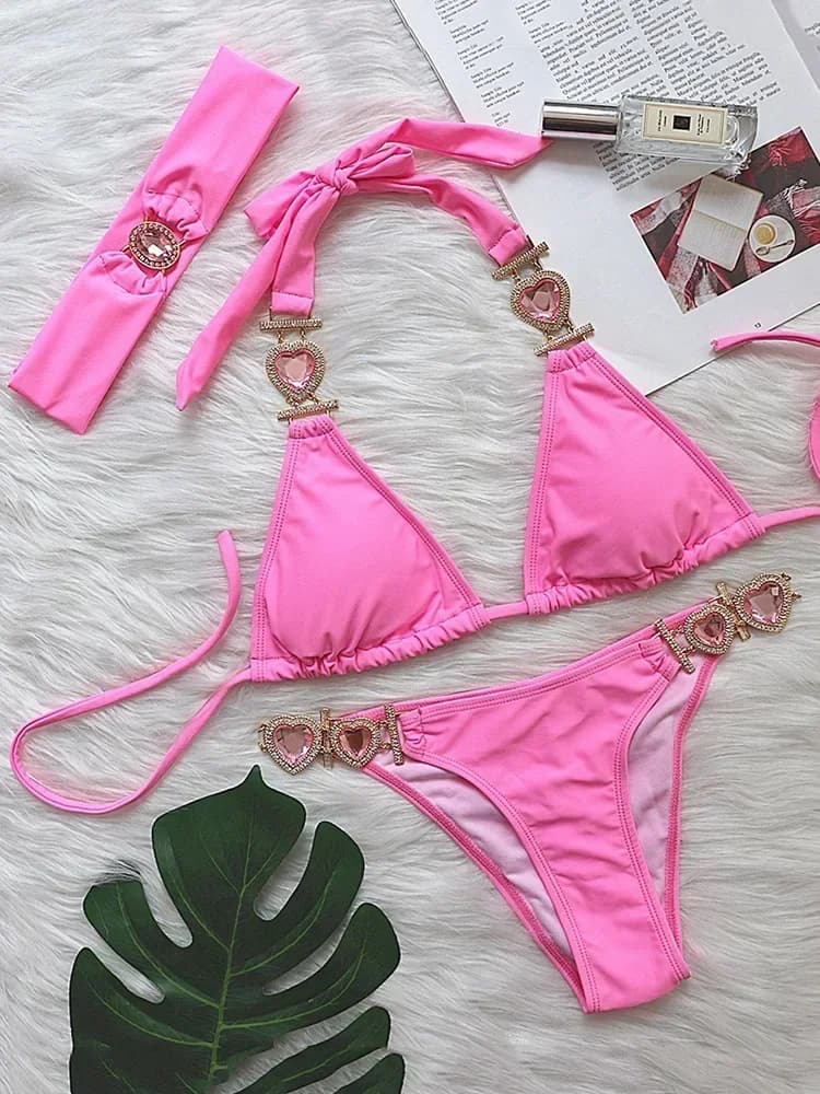 Costume da bagno donna bikini con diamanti ingioiellati alla caviglia 3 pezzi costume da bagno femminile costume da bagno bikini a tre pezzi costume da bagno brasiliano con fascia per capelli