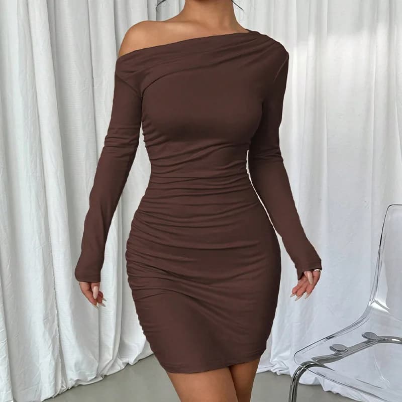 Women Off Shoulder Long Sleeve Bodycon Mini Dress Solid Ruched Wrap Waist Pencil Dresses Elegant Outfit Stretch Knit Vestidos