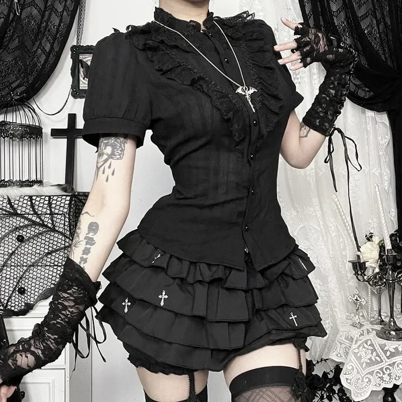 2026 Halloween Gothic Women T-shirt Black Short Sleeveless Slim Summer Tees Mini Skirt Y2K Grunge Punk Lolita Elegant Party Tops
