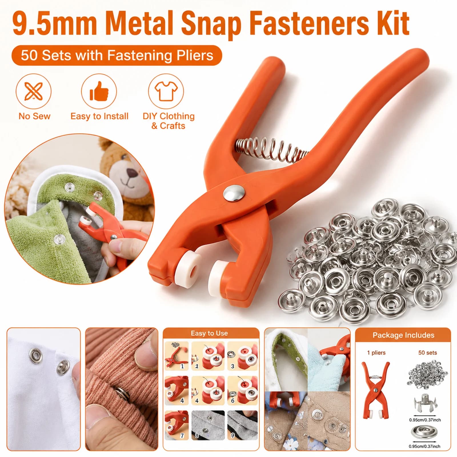 Kit di Bottoni a Pressione in Metallo da 9,5mm, 50 Set Senza Cuciture con Pinze per Fissaggio, per Fai-da-Te, Abbigliamento e Lavori in Pelle
