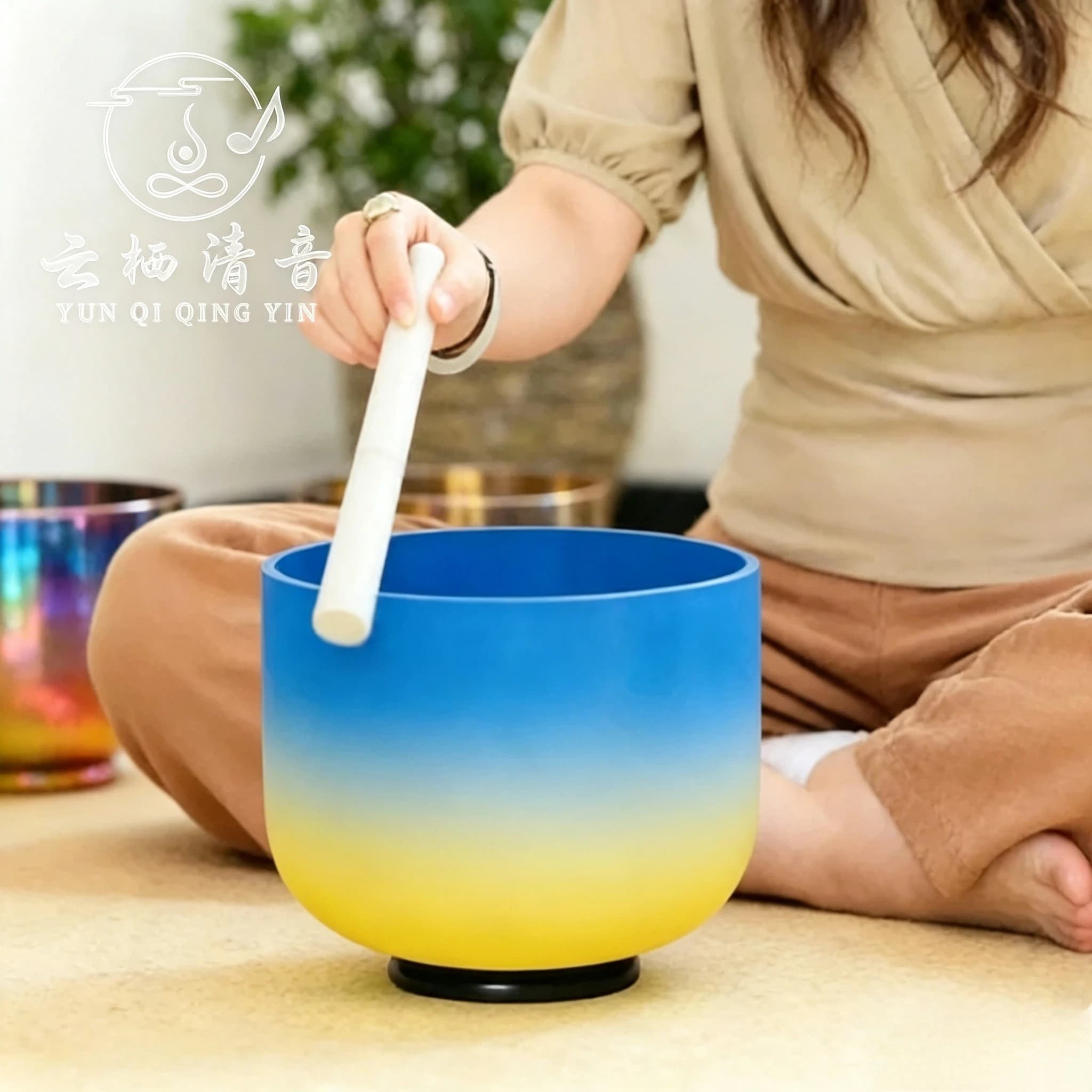 YUN QI QING YIN 8 Inch Blue Yellow Crystal Singing Bowl 432Hz 440Hz 528Hz Meditation Sound Healing Yoga Musical Bowl