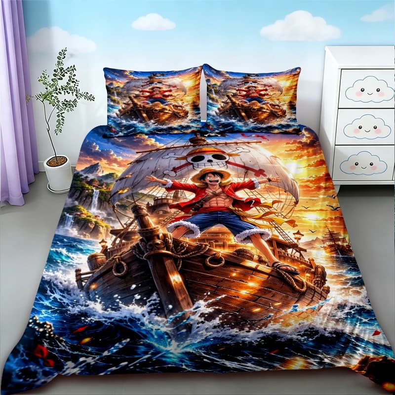 Set Copripiumino Luffy 3 Pezzi, Set Biancheria da Letto One Piece, Copripiumino Traspirante Luffy, Misure Queen e King per Arredo Camera da Letto