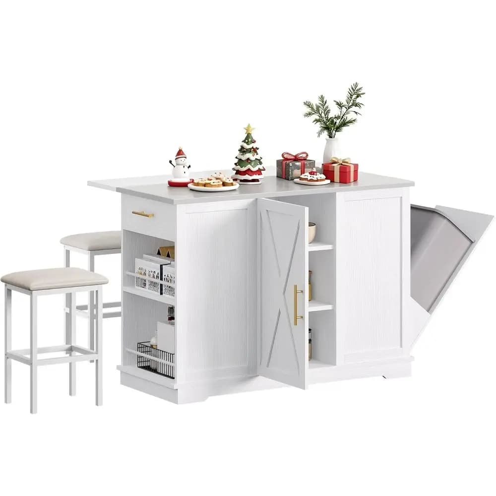 Isole da Cucina con Posti a Sedere, Isola Mobile da 47 Pollici con Contenitore per Rifiuti, Carrello da Cucina con Ripiano Ribassato e Acciaio Inossidabile