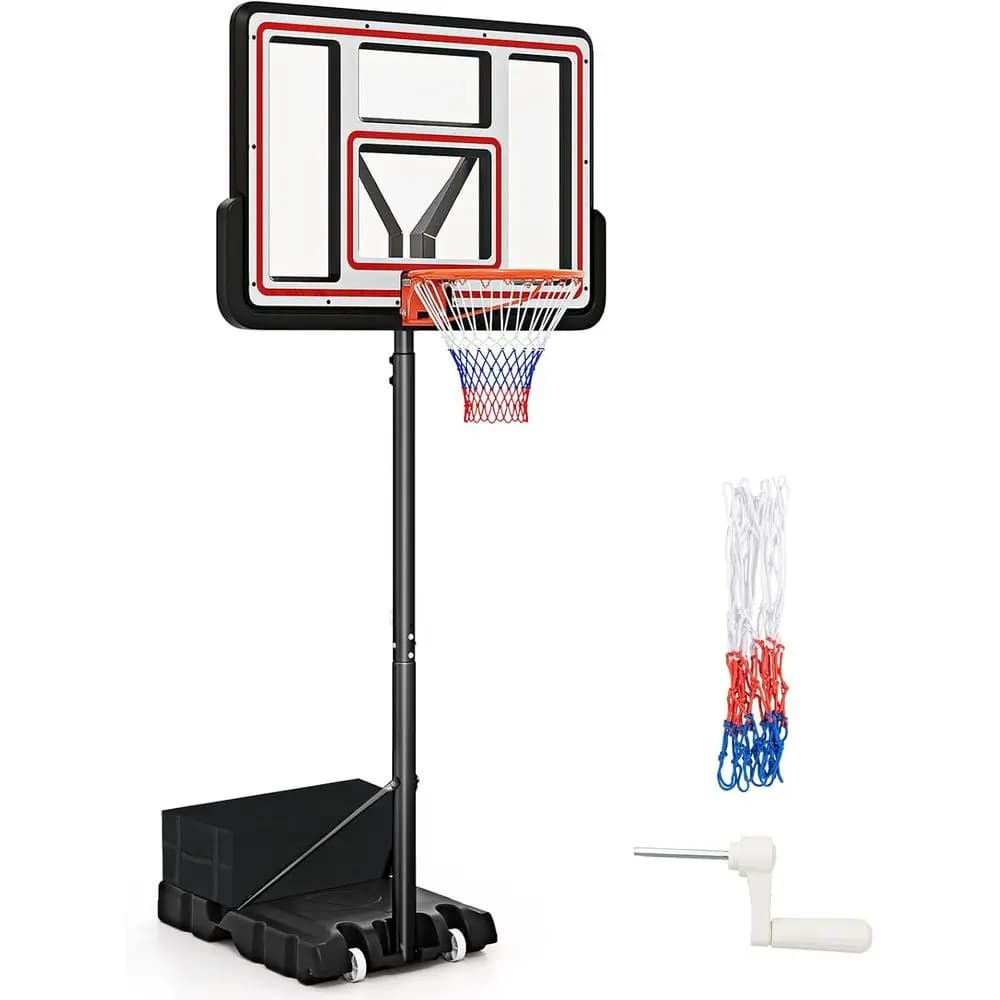 Canestro da Basket Regolabile per Esterni con Tabellone in Vetro Temperato da 44 Pollici, Ruote per Adulti, Adatto per Vialetti e Cortili