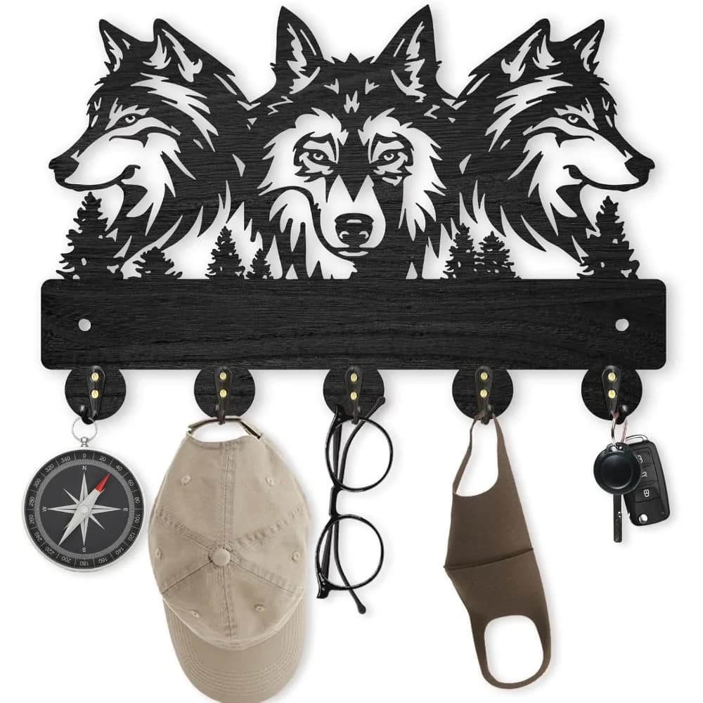 Appendiabiti da parete in legno 11,8 × 8 pollici Portachiavi Wolf Forest per appendiabiti da parete Gancio chiave lupo 5 ganci in lega Tema animale