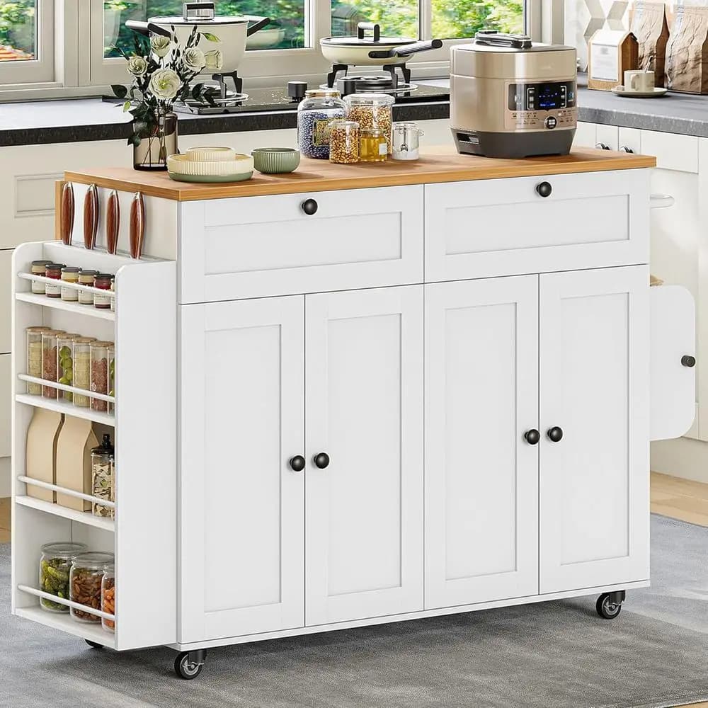 Carrello da Cucina Mobile 53.1 con Ruote, Presa di Corrente, Piano Ribaltabile, Porta Spezie, Portasciugamani, Bianco
