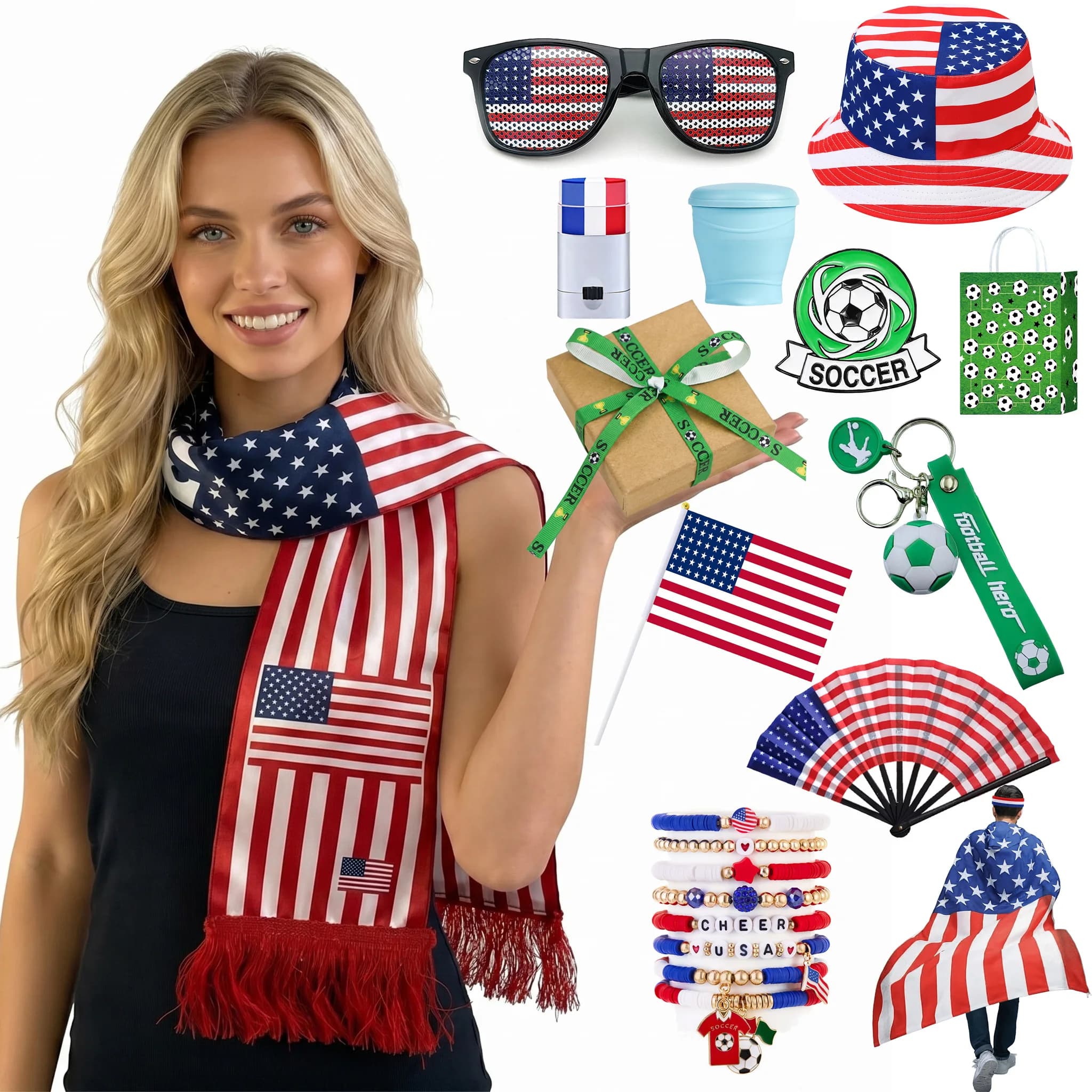 Set per Tifosi di Calcio USA per il Campionato 2026, Set Patriottico con Sciarpa, Cappello, Occhiali e Mantello con Bandiera Americana, Accessori per Feste, Kit Squadra USA