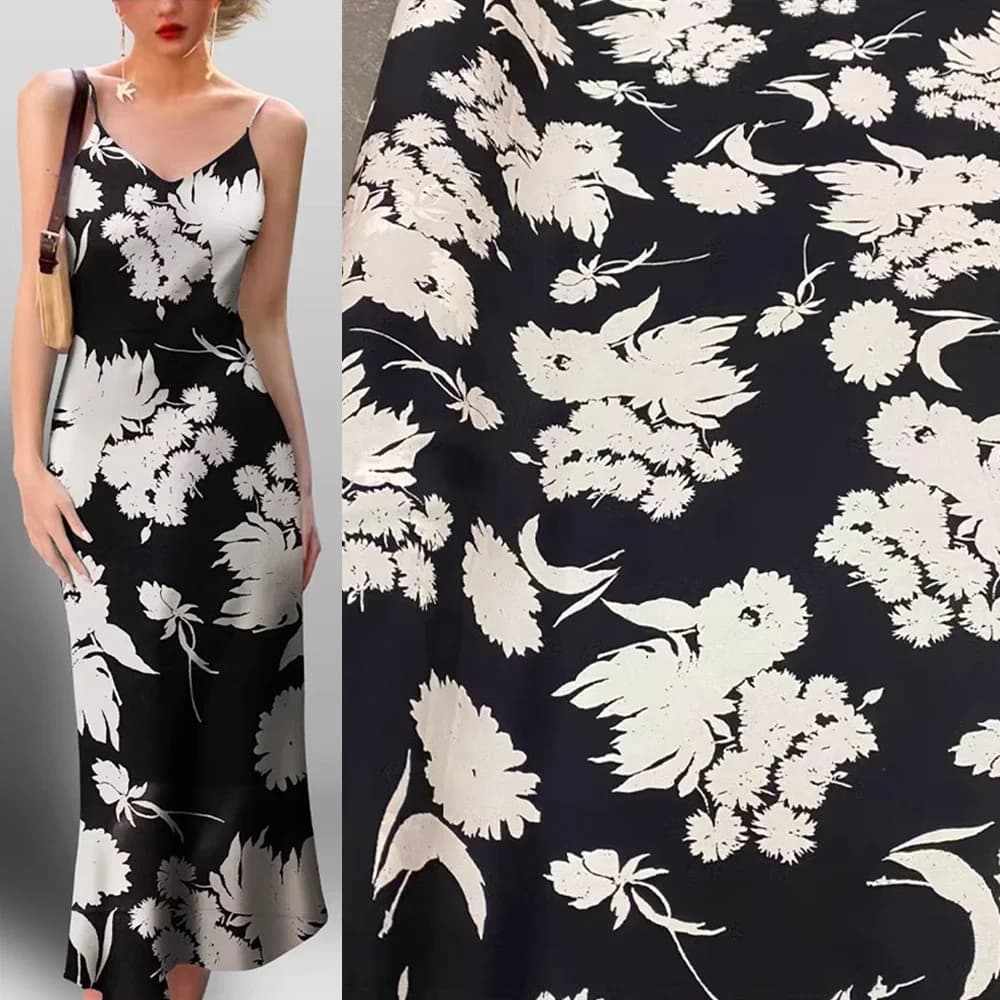Double Crepe Silk Fabric Black White Flower Shadow Natural Mulberry Silk 140CM Wide Dress Senior Designer Sewing Clothing Fabric