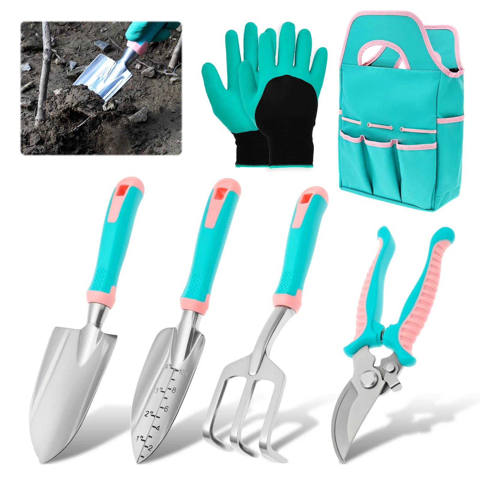 Set of 6/8 Gardening Tools in Aluminium Alloy with Anti-slip Handle and Protection: Palette, Rake, Transplanter, Potting Shears