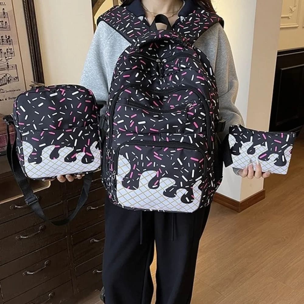 Oxford Fabric Ice Cream Printed Backpack Set with Pencil Case with Crossbody Bag School Bag Lightweight Matching Tote Bag Travel