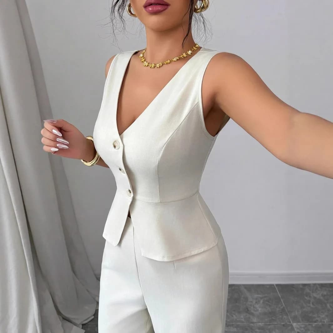 Pantaloni a vita alta con gilet slim fit senza maniche tinta unita da donna Set da due pezzi per l'estate 2025