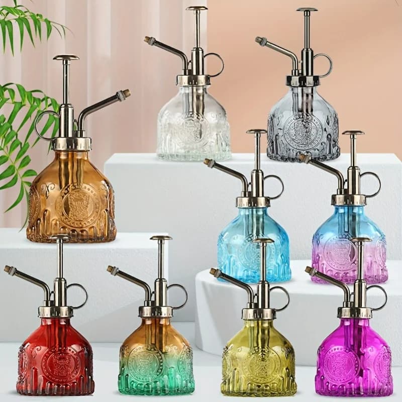 1 piece glass irrigation spray bottle, watering machine with vintage bronze plastic pump, glass bottle for plants, for domestic plants,