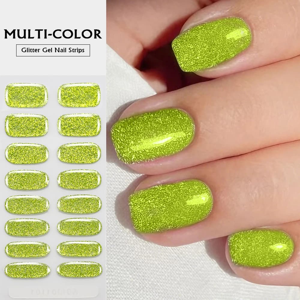 16 Tips Adesivi per Unghie in Gel Semi-Polimerizzato Verde Fluorescente Glitterato, Copertura Completa, Patch per Unghie in Gel Lucido Trasparente, Decalcomanie per Unghie con Lampada UV