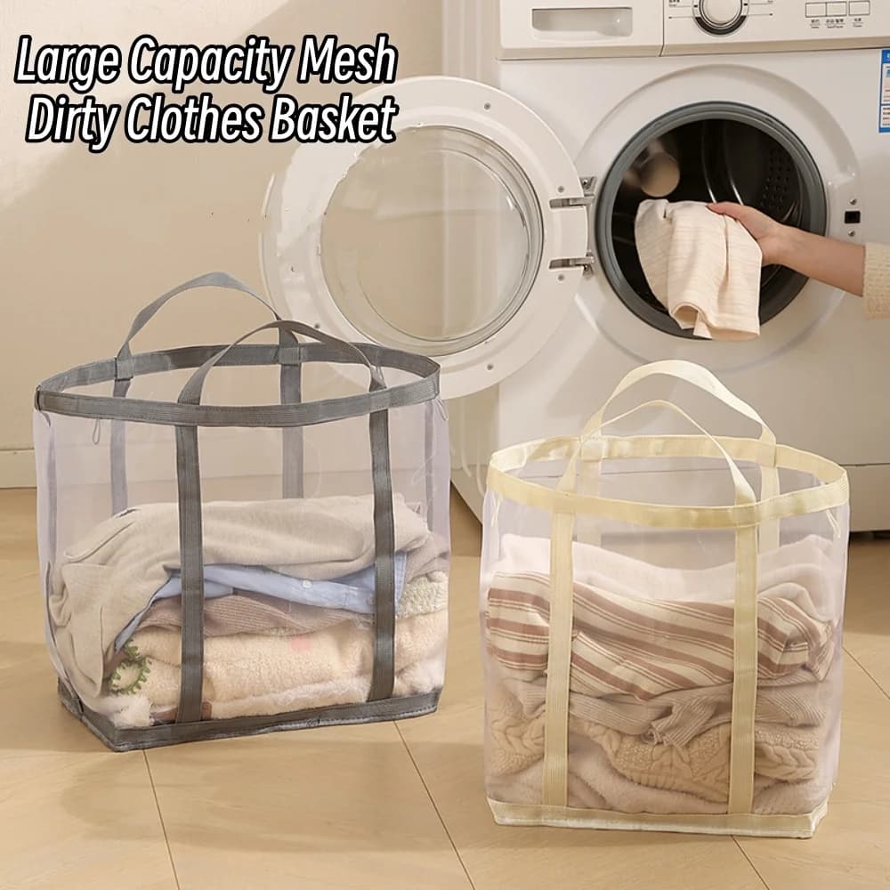 Large Capacity Foldable Mesh Laundry Basket Bathroom Dirty Clothes Organizer Bags with Handle Portable Home Toy Storage Basket