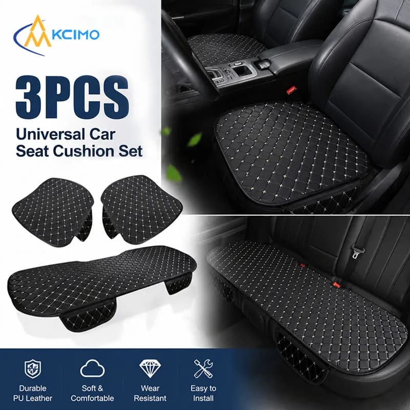 3pcs Universal Car Seat Cushion Set PU Leather Breathable Anti Slip Seat Cover Pad for Front Rear Seats