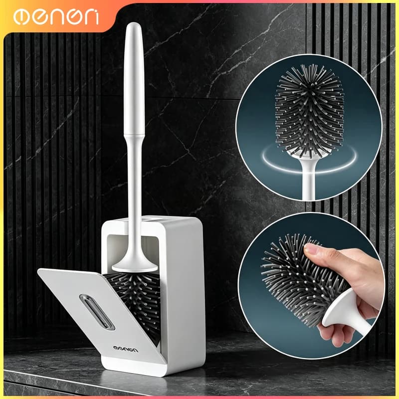 Silicone Toilet Brush Set Flat Head Flexible Wall Mounted Bowl Cleaner with Brush Holder for Bathroom WC