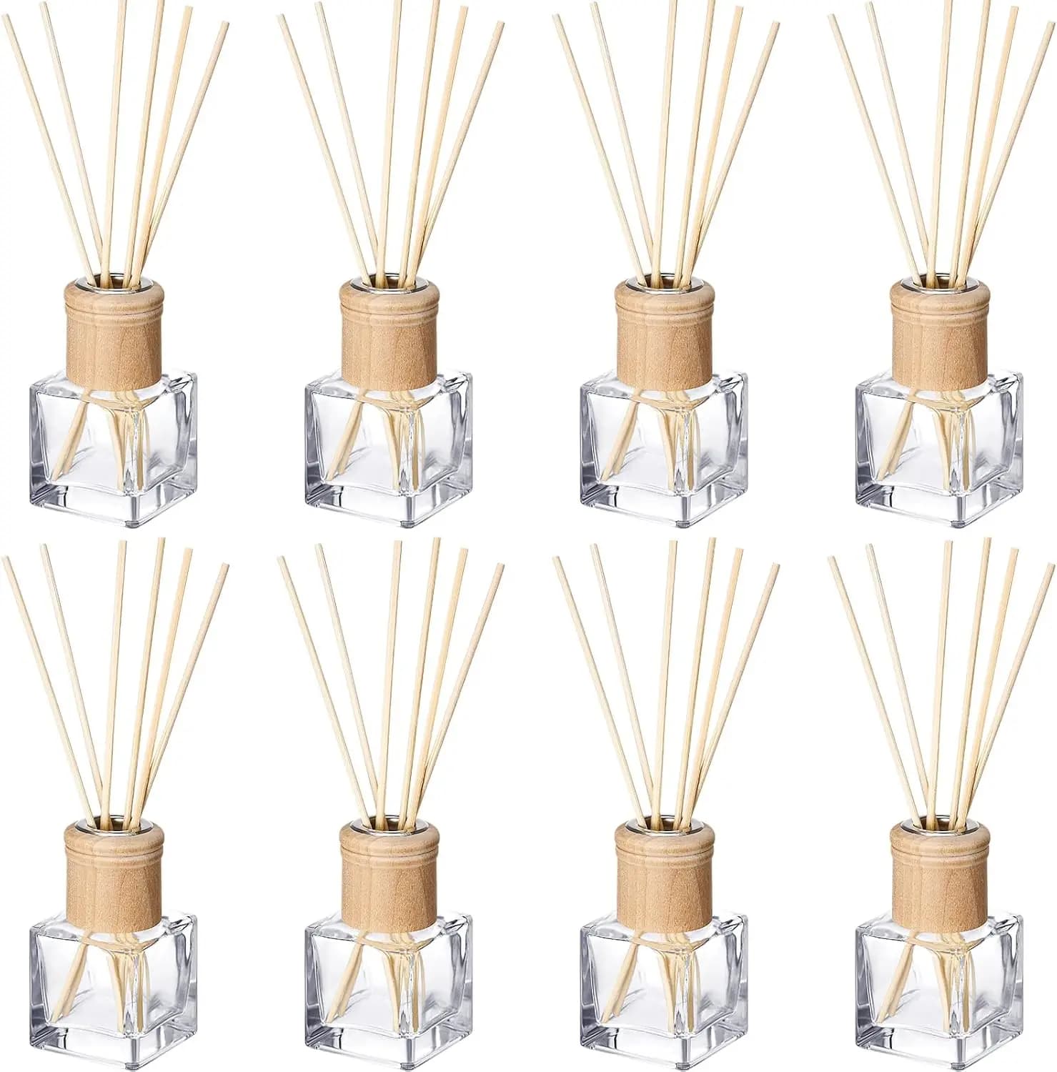 Set di 8 Bottiglie Vuote in Vetro per Diffusori con Tappi in Legno e Bastoncini in Rattan, 50ml per Fragranze Fai-da-Te Ricaricabili