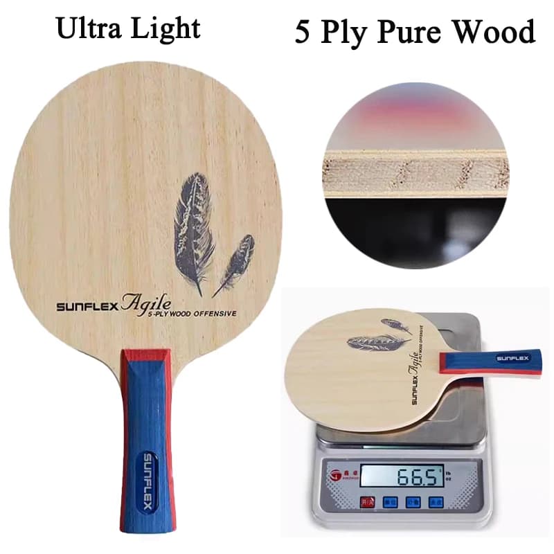 SUNFLEX Racket from Ping Pong Super Lightweight in Pure Wood with 5 Layers for Fast and Curved Attack, FL/CS Model for Beginners