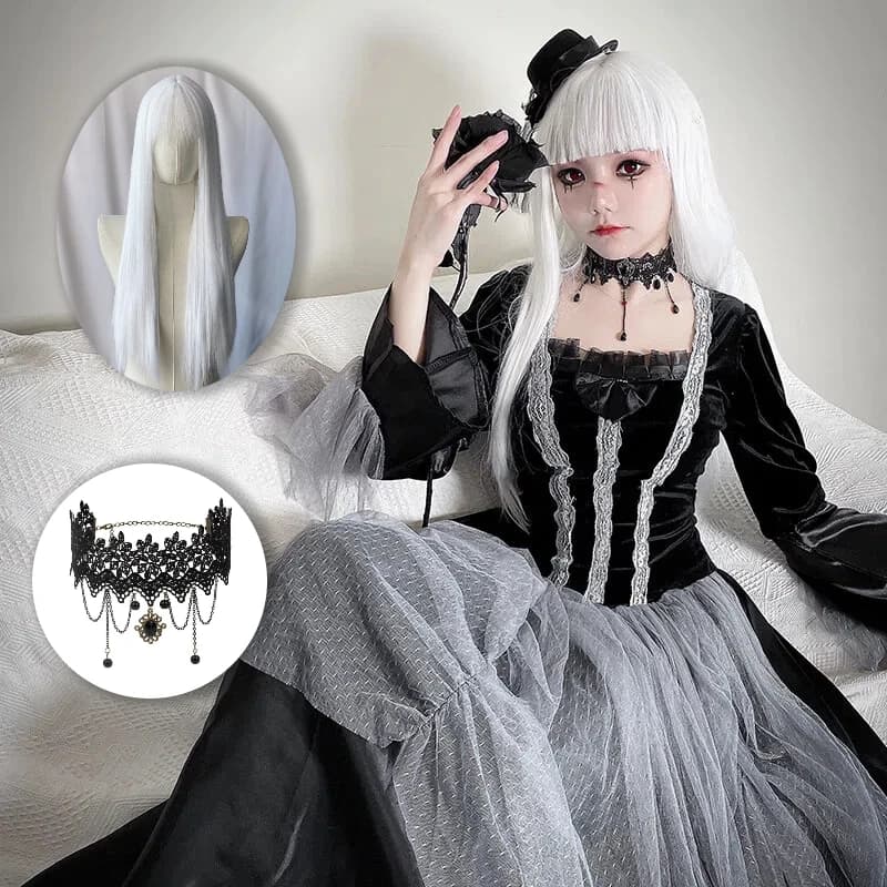 Zombie The Ghost Bride Cosplay Costume Black Gothic Dress with Hat Necklace Wig Vampire Cos for Women Halloween Party